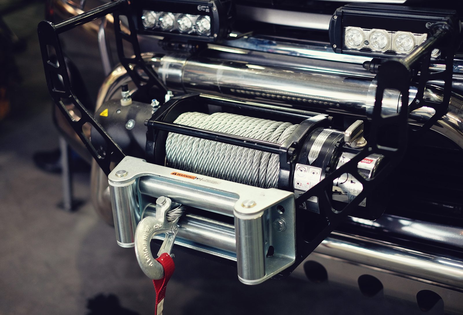 Close-up of a vehicle-mounted winch